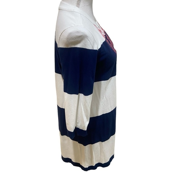 Talbots cotton navy/white stripe pink embroidery neckline 3/3 sleeve size small - Picture 8 of 11